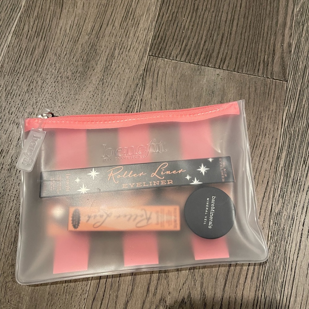NWT benefit makeup bag with roller lash, liner, and bare minerals powder